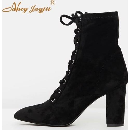 Women Shoes Adult Ladies Boots Black Solid Ankle Lace-Up Cross-tied Super High Square heel Pointed Toe Sexy Fashion Mature 2019