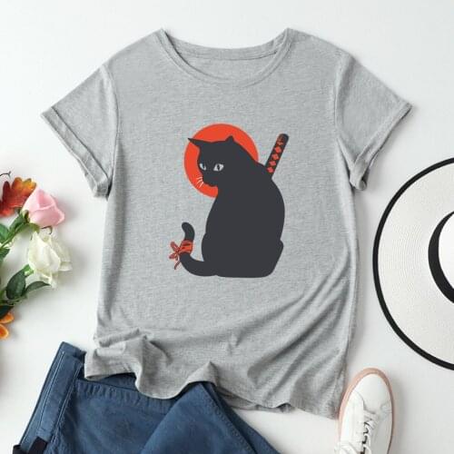2021 New Female Short-Sleeved Novelty Bushido Cat Pure Cotton Round Neck Short-Sleeved Female T-Shirt Cute Ninja Cat Print