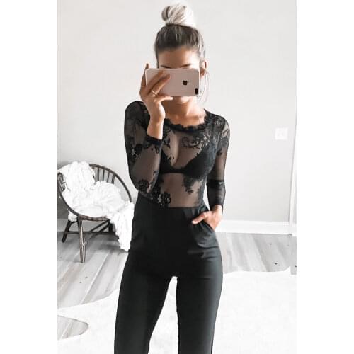 New Fashion Womens Long Sleeve Sexy See-through Backless Lace Mesh Sheer Slim Jumpsuits Ladies Romper Long Skinny Jumpsuits