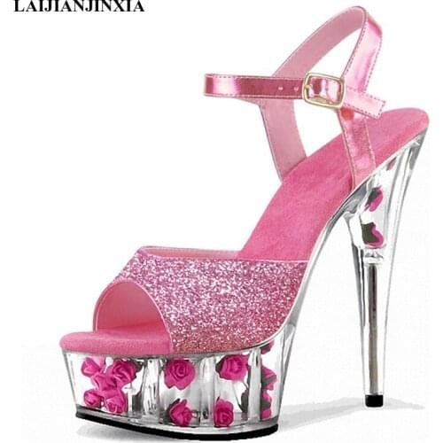 LAIJIANJINXIA New Princesss Favorite Sexy 15 Cm Peep-toe Crystal Sandals High-heeled Dancing Shoes Flower Show Womens Shoes