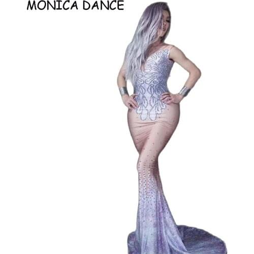 New Sexy Designer Wedding Party Rhinestone Dress Women Sexy Evening Trailing Long Dress Bodycon Prom Dress Singer Stage Costumes