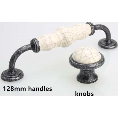 128mm vintage style furniture handles crack white ceramic drawer cabinet knobs pulls 5" antique iron dresser door handles pulls
