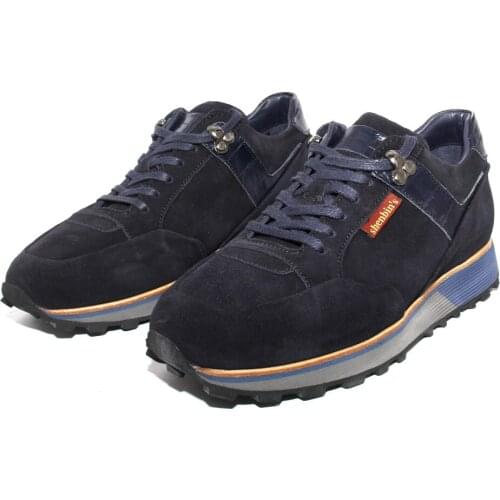 SHENBINS Handmade Running Sport Shoes, Dark Blue Suede & Crocodile Patterned Leather, Height Increasing EVA/Wooden Soles