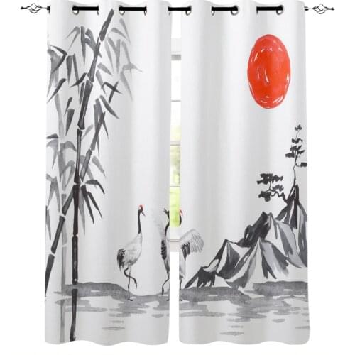 Chinese Style Painting Crane Bamboo Sun Mountain Tree Blackout Curtains For Boy Girl Bedroom Kids Curtains For Living Room Decor