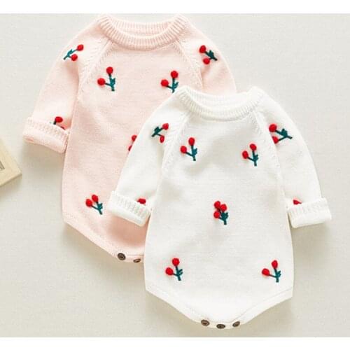 Korean Style Spring Autumn Baby Girls Clothes Toddler Baby Girl Knitting Embroidery Bodysuits Infant Baby Girls Jumpsuit