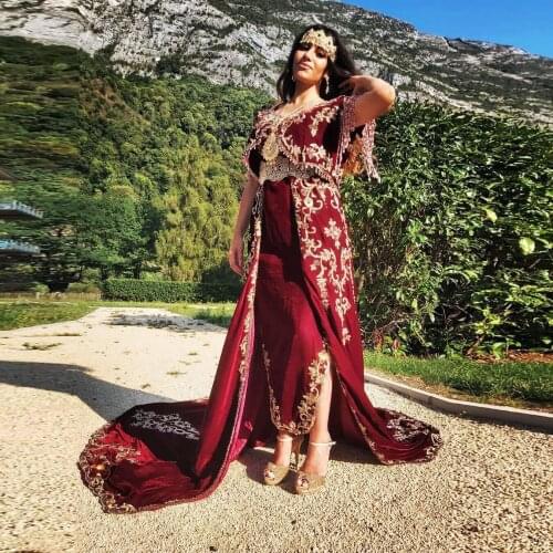 Red Elegant Moroccan Caftan Evening Dress Special Occasion Saudi Arabia Dubai Muslim Prom Dress With Applique Plus Size Custom