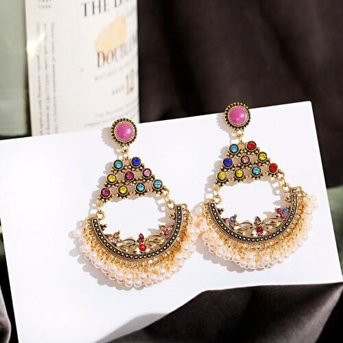 Vintage Boho Fashion Pendant Earrings Metallic Color Alloy Water Drop Pendant Luxury Color Zircon Inlaid Pearl Tassel Earrings
