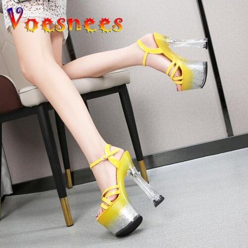 Voesnees Women Sandals Square Heel Cross Belt Ladies Shoes 2021 New Sexy Waterproof Platform High Heels17cm Bling Stripper Heel