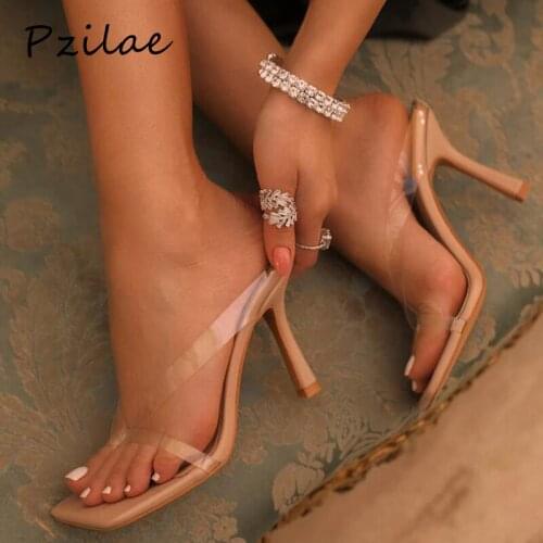 Pzilae 2020 women summer slippers PVC transparent ladies high heels shoes flip flops women sexy square toe clear sandals shoes
