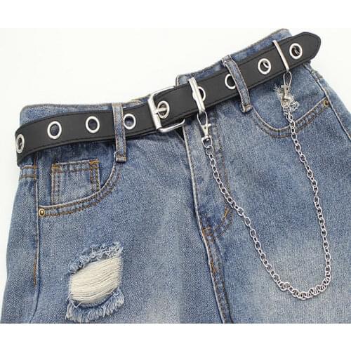 Women Belts Ladies Silver Chain PU Waist belt Girls Korean Fashion Air hole Hip hop Punk Designer belt