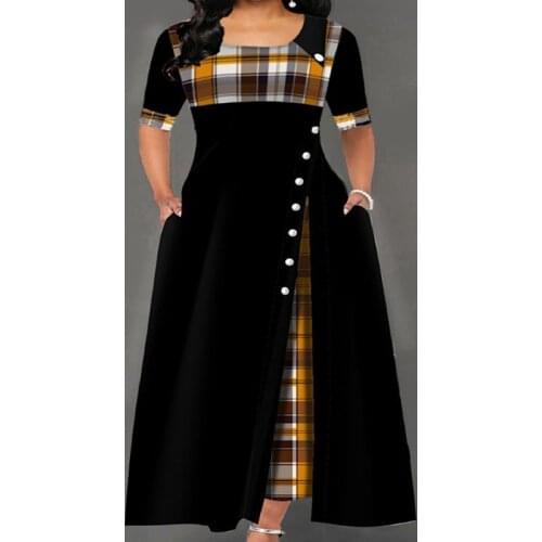 Spring Autumn Polyester Womens Dress Round Collar Middle Sleeve Pullover Plaid Asymmetrical Fashion Office Lady Dress