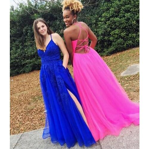 VKBRIDAL Sexy Long Royal Blue V-Neck Prom Dresses with Pockets Long Slit Criss-cross Formal Evening Homecoming Party Gowns
