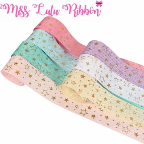 1"25mm Hologram Gold Foil Star Pattern Printed Solid Color Grosgrain Ribbon DIY Wedding Party Decor 50yards/roll Hair Bowknots