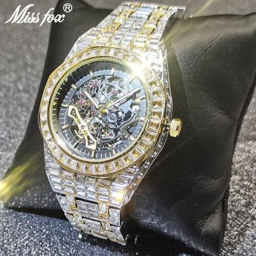 MISSFOX Hip Hop Mechanical Mens Watches Automatic Luxury Iced Out Stainless Steel Hollow Wristwatch Male Square Diamond Jewelry
