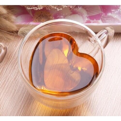 Tea Beer Mug Juice Cup Coffee Cups Mug 180ml/240ml Heart Love Shaped Gift Double Wall Glass Mug Heat-Resisting Drinkware