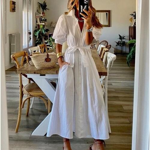DUISNENA long boho dress black/white women dresses v-neck lantern sleeve robe belt casual vestidos