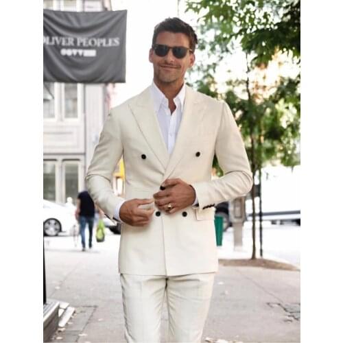 Elegant Ivory Men Suit Slim Fit For Wedding Groom Tuxedos Notched Lapel Casual Blazers 2 Pieces Terno Masculino (Jacket + Pants)