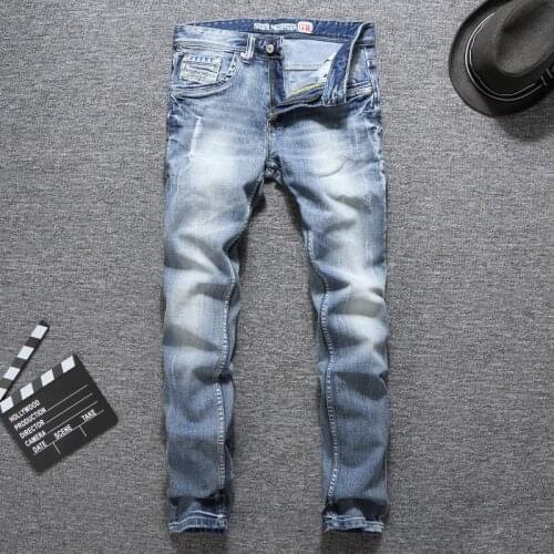 European Vintage Fashion Men Jeans Retro Light Blue Elastic Slim Fit Ripped Jeans Men Printed Designer Casual Denim Pencil Pants