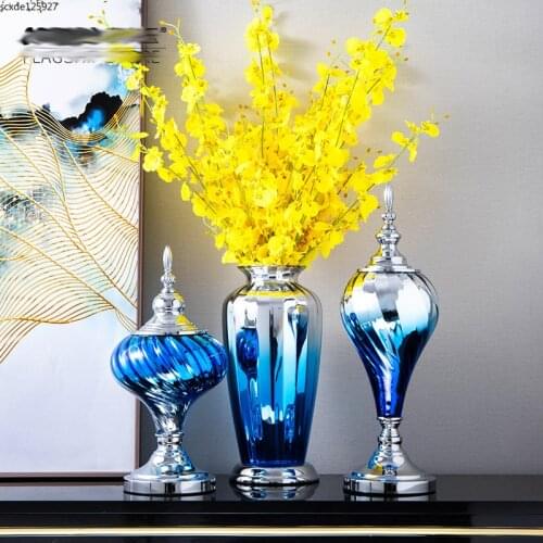 European Gradient Blue Glass Vase Flower Arrangement Art Countertop Furnishings Luxurious Flower Vase Wedding Decoration Crafts