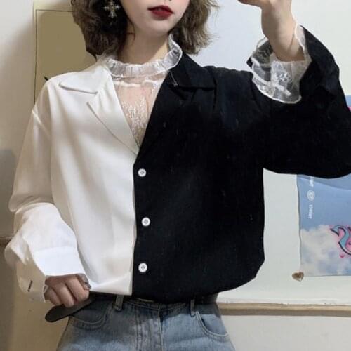 Fashion Patchwork Women Shirt Casual Turn-down Collar Korean Female Blouses Shirts Harajuku Long Sleeve Single-breasted Shirts