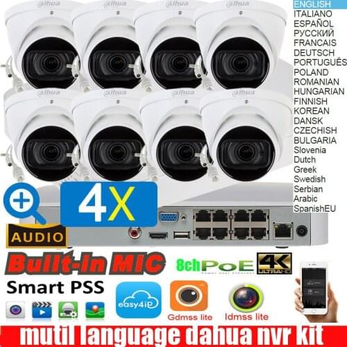 Dahua mutil language 4K H.265 NVR4108-8P-4KS2 4ch POE IP Camera kits with 8pcs IPC-HDW5231R-ZE 2MP WDR 4X zoom audio camera kit