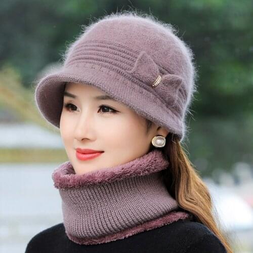 New Women Winter Hat Keep Warm Cap Add Fur Lined Hat & Scarf Warm Set Hat For Women Casual Outdoor Rabbit Fur Knitted Bucket Hat