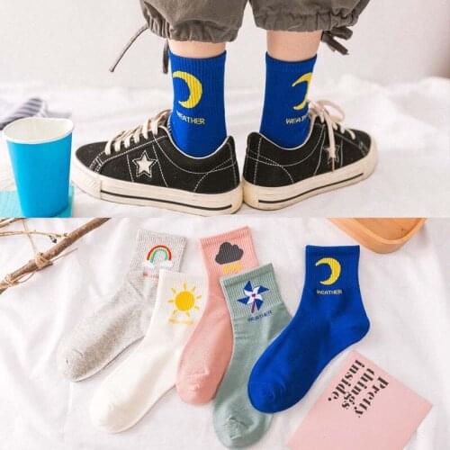 New Kawaii fashion Korean women style long socks meia fun sun moon windmill rainbow pattern cotton socks cartoon weather Sox
