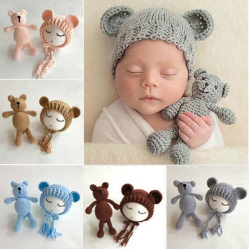 New Arrival Bear Hat Set Plush Stuffed Animals Handmade Plush Toys Knitted Plush Toy Crochet Stuffed Toy Baby Photography Props