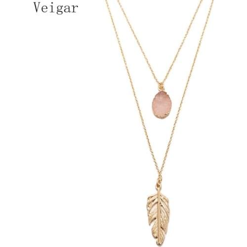 Pnik Stone Pendant Necklace Women Feather Necklaces Female 2018 Fashion Jewelry Ladies Layered Necklace Gold Silver Color
