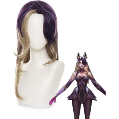 Game LOL COVEN Ahri Wig Cosplay Costume Coven Ahri Long Wavy Purple Mixed Brown Heat Resistant Synthetic Hair Wig