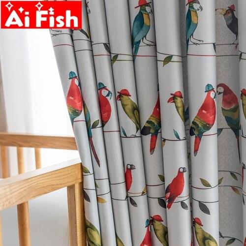 Pastoral Cartoon Parrot Blackout Curtains for Babys Room Modern Brids Curtains for Living Room White Match Tulle Panel MY192-5