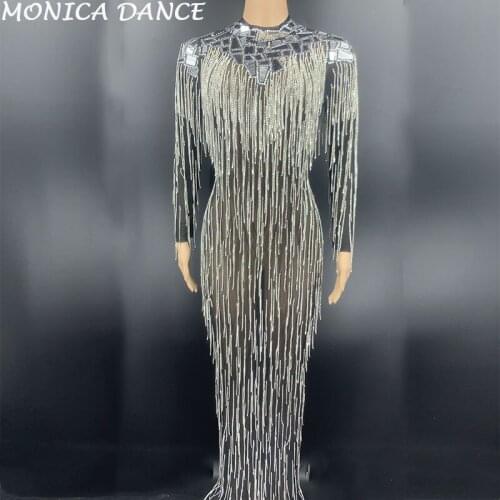 Sexy Nightclub Silver Mirror Rhinestone Fringe Mesh Long Dress Birthday Celebrate Transparent Dress Women Dancer Show Dress