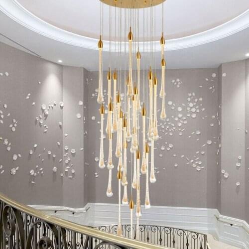 Modern LED Luxury Crystal Glass Chandelier Water Drop Gold Villa Decorate Hanging Lightings Staircase Lobby Hotel Hallway Lamps