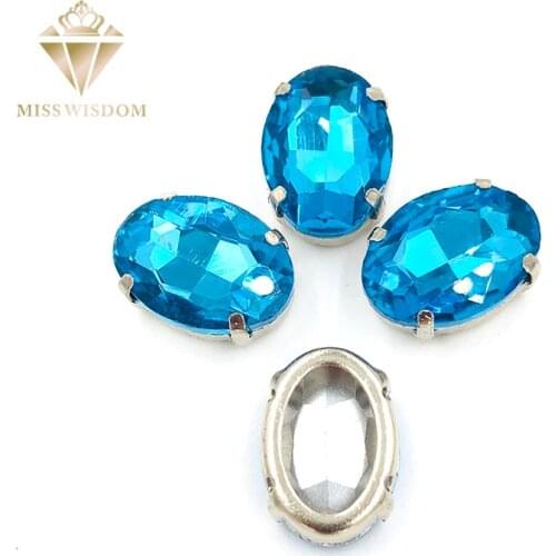 10X14mm/13X18mm Lake blue Oval Copper claws hollow thick bottom high quality glass crystal Sew on rhinestones DIY accessories