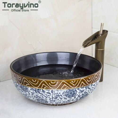 Torayvino Retro Blue And White Porcelain Ceramic Round Bowl Sink Vessel Basin Deck Mounted Waterfall Faucet Combo Kit Mixer Tap