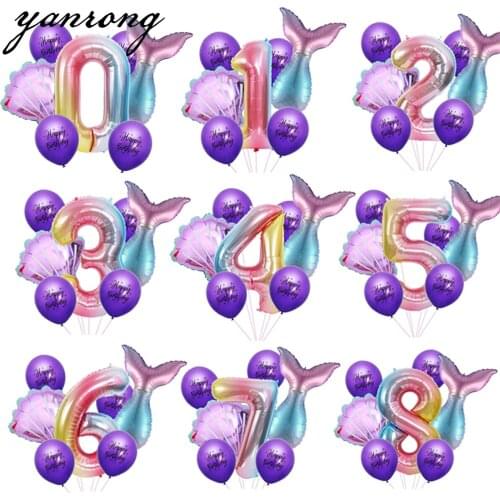 10PC Mermaid Purple Number Latex printing Balloons Wedding House aluminum foil Party Baby Shower Happy Birthday Decorations
