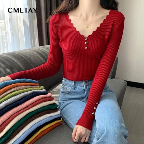 High Quality 2021 Basic V Neck Wavy Solid Autumn Winter Pullover Women Knitted Ribbed Long Sleeved Slim Sweater Badycon Tops
