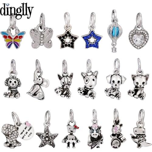 Dinglly Colorful Butterfly Dangle beads Silver Color Animal Charm Fit Bracelets Unicorn Dog Cat Dinosaur Pendant Beads Accessory