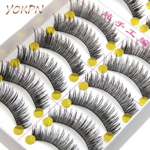 YOKPN 10 pairs Handmade Cotton Stitch False Eyelashes Soft Winged Crisscross Thick Fake Eyelashes Smoke Makeup Tools Eye Lashes