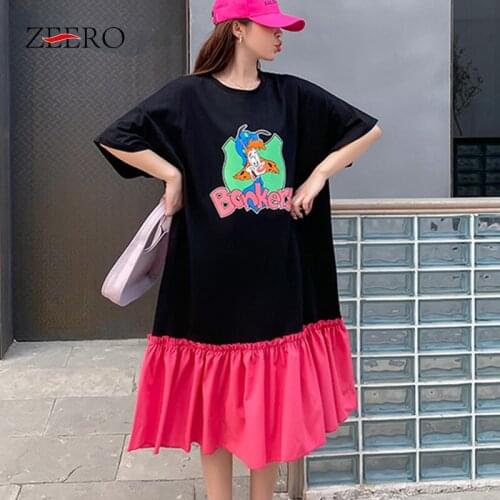 Female Korean Casual Cartoons Print Splicing Color Loose Dresses for Women Summer Raglan Sleeves Midi Dress Vestido De Mujer