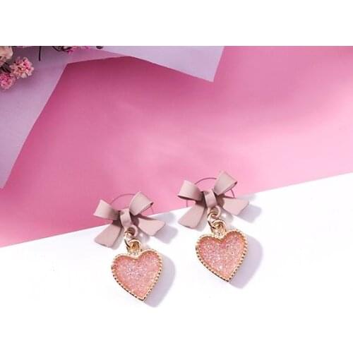 MENGJIQIAO 2018 Korean New Pink Bowknot Love Heart Drop Earrings For Women Fashion Accessories Sweet Boucle D'oreille