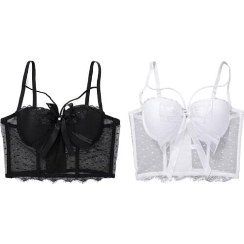 Women Sweet Sequins Bow Bustier Bra Sexy Sheer Polka Dot Mesh Lace Camisole Vest Club Party Slimming Corset Crop Top