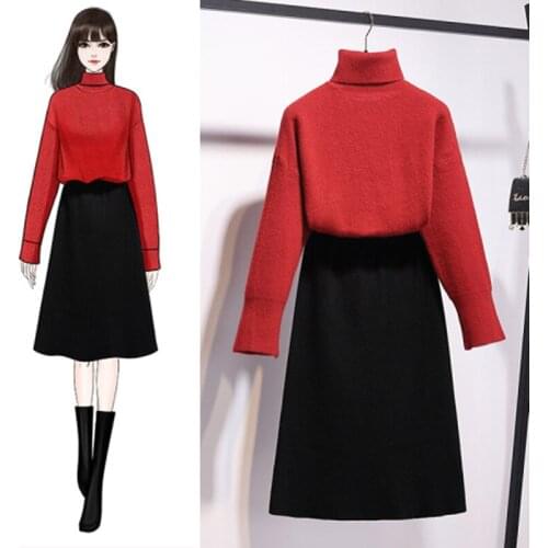 Knitted Turtleneck Long Sleeve Thicken Jumper Sweater and Black Knit Skirt 2 Piece Set Women Autumn Winter Skirt Suit