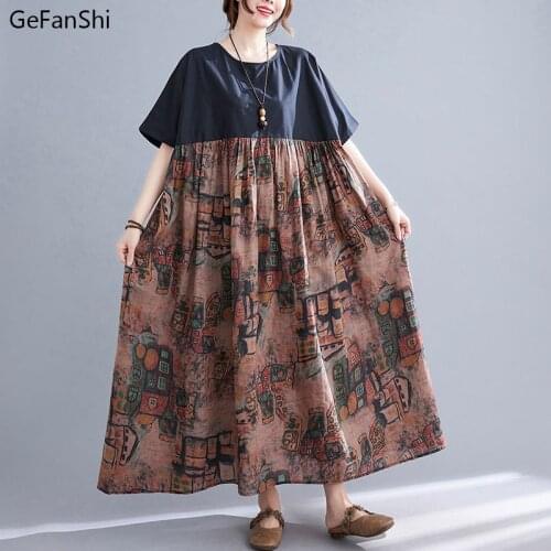 2021 New Cotton Summer Women Dress Loose Vintage Casual Patchwork Short Sleeve Dress Fashion Elegant Dresses Robe Large Size