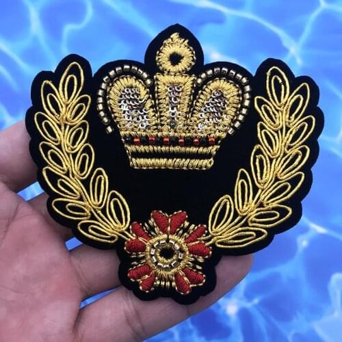 Golden Handmade Flower Crown Embroidery Beaded Crystal Patches Sewing Applique Jackets Pants Small Badges