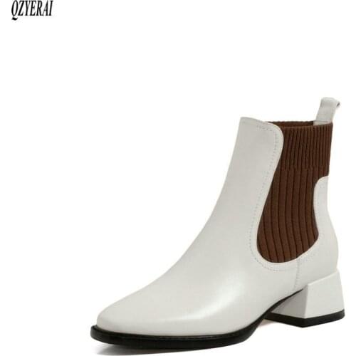 2020 Autumn winter ankle boot Genuine leather Women boots Fashion boots black white cowhide Womens shoes Size 34-43