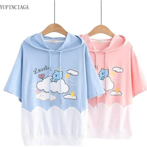 2021 Summer New Student Cartoon Print Harajuku Sweatshirts Womens Cotton Loose Casual Short Sleeve Pullover Girl 2116359