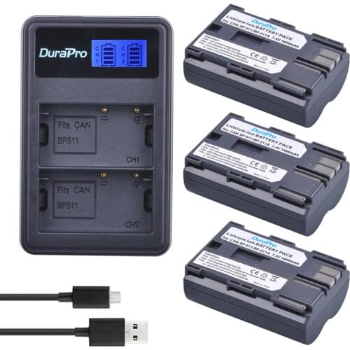3pc 1800mAh BP-511 BP 511 BP-511A Li-ion Bateria + LCD USB Charger for Canon BP-511 BP-511A EOS 50D 40D 30D D60 D30 5D Battery