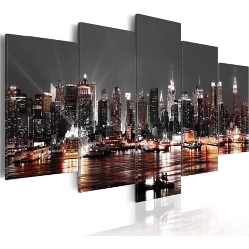 5 Pieces New York City Night Scenery Canvas Paintings Frame Modular Art Posters and Prints Pictures Wall Decor for Living Room