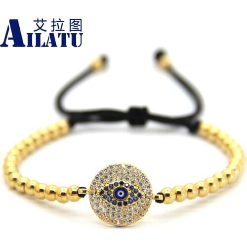 Ailatu Fashion Braided Macrame Bracelet 4mm Bronze Beads Weave Round Blue Color Cubic Zirconia Eye